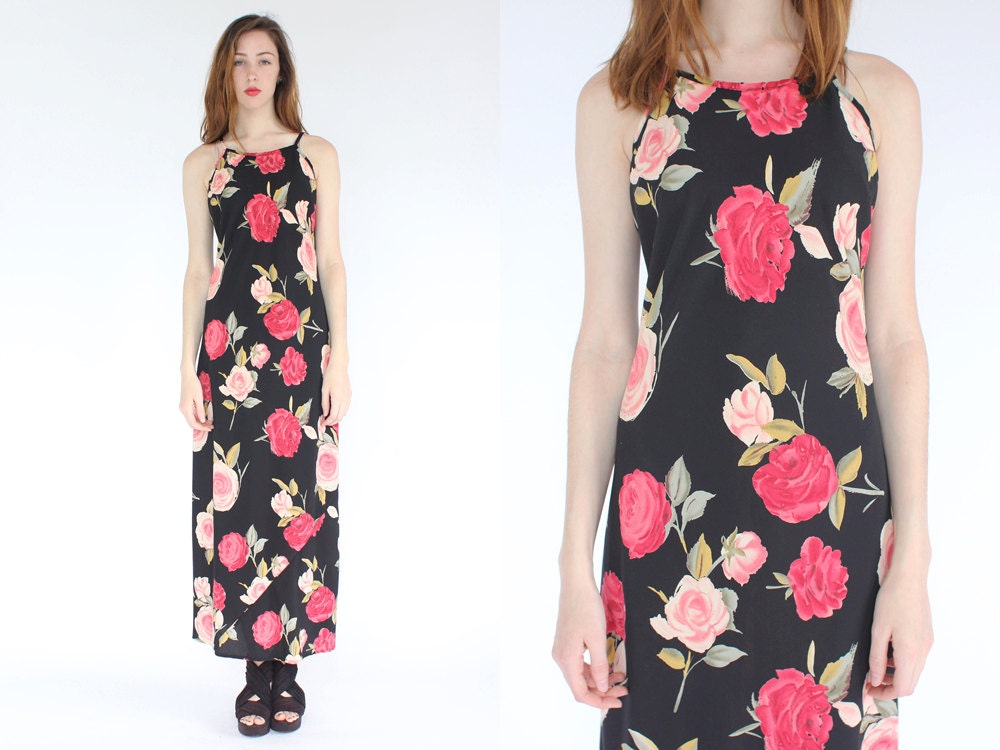 vintage 90s rose stem floral print maxi dress / black pink flower dress