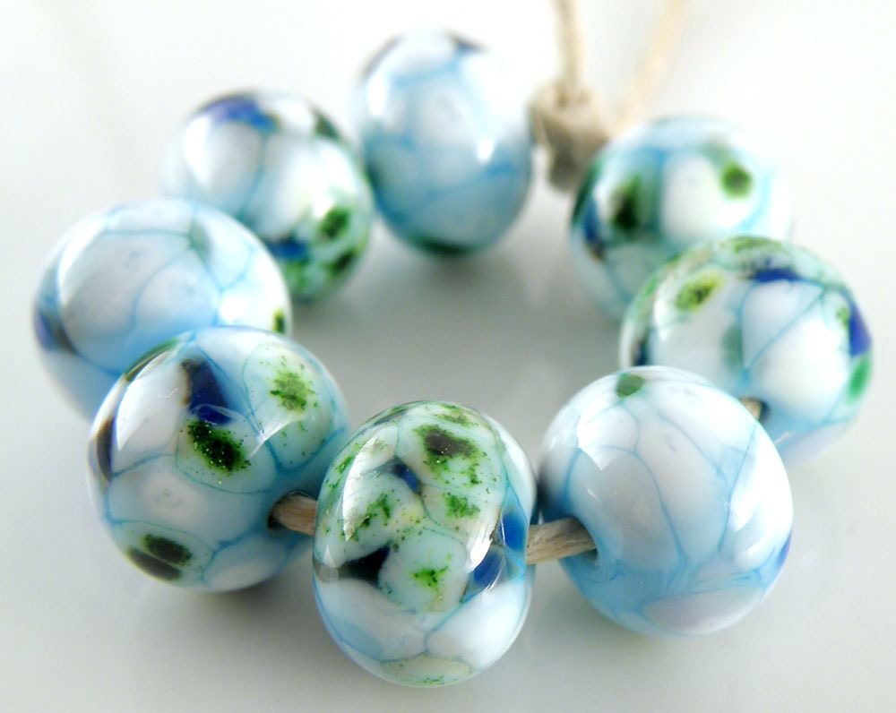 Wintermint - Handmade Artisan Lampwork Glass Beads 8mmx12mm - Green, Blue, White - SRA (Set of 8 Beads)