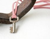 Antique Skeleton Key Necklace - vintage key, dusty rose leather cord, hardware, industrial, rustic