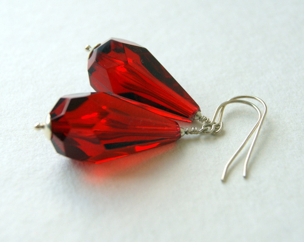 Ruby Red Drop Earrings, vintage faceted acrylic beads, sterling silver earwires, July birthstone color