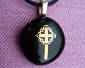 Gold Filigree Cross Celtic Jewelry Dichroic Glass Necklace