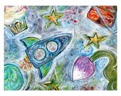blast off blue (reproduction print of mixed media painting collage)
