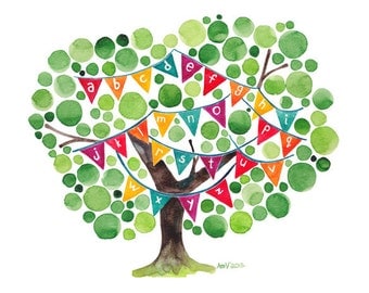Alphabet Tree Original Watercolour Art Print Reproduction Nursery School Wall Art