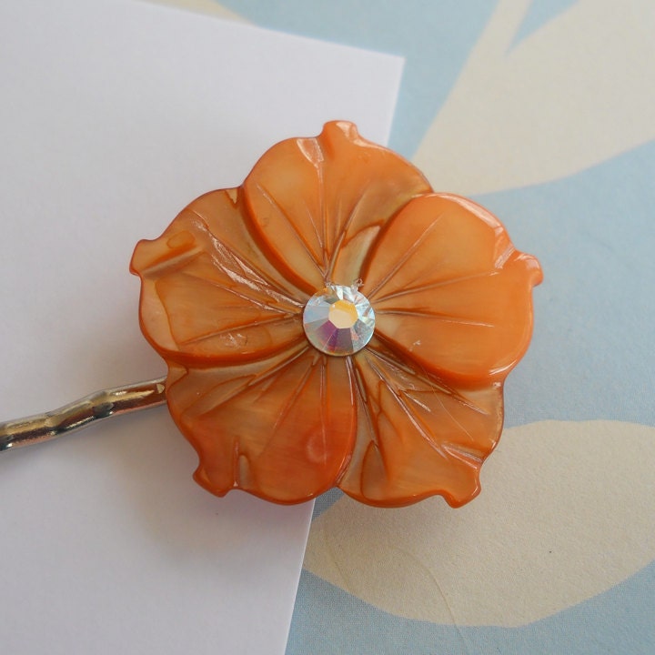 Soft Light Orange Mother of Pearl Flower and Swarovski Crystal Hair Clip Bobby Pin