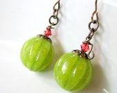 Apple Green Jade Pumpkin Earrings, Antique Brass, Crystal Stems, Pantone Inspired - JemsbyJBandCompany