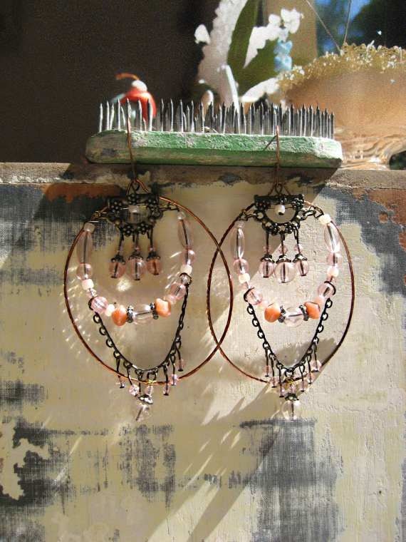 RESERVED For LG - Pale Pink Hoop Earrings, Beaded, Large Oval Copper Hoops, Bohemian Gypsy