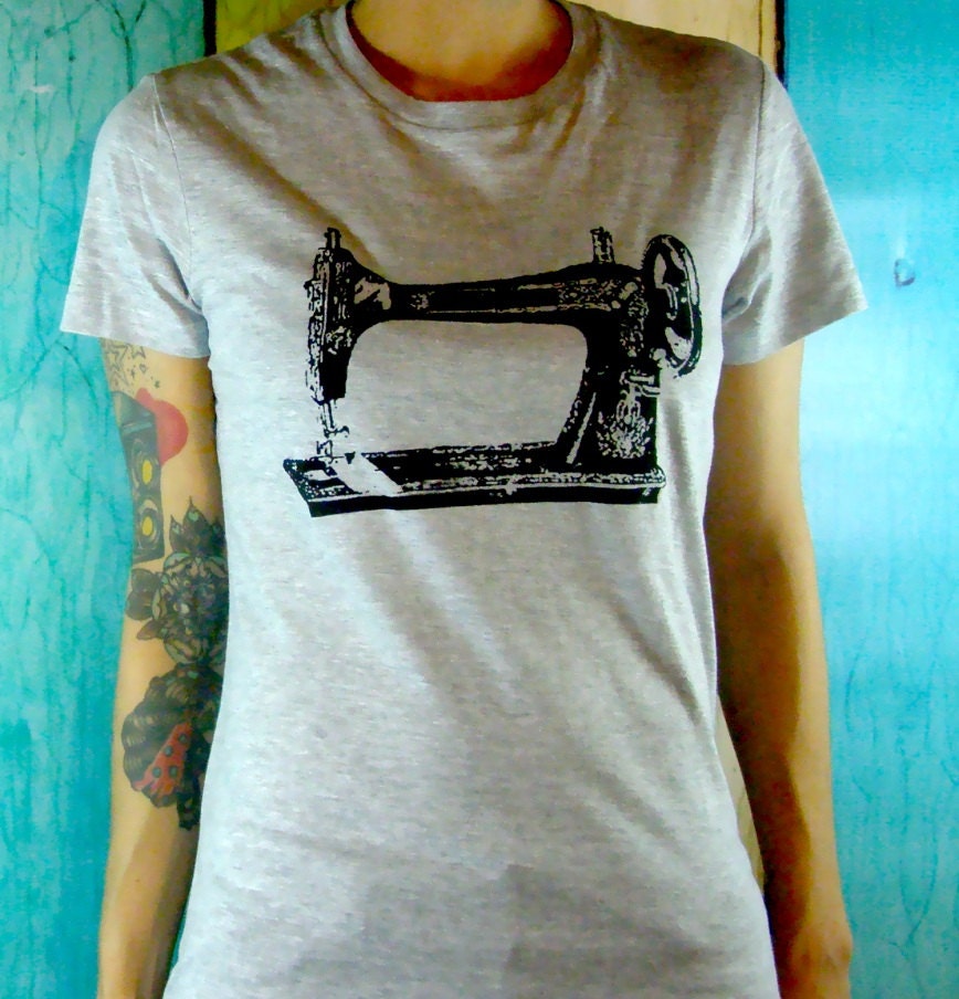 Womens Sewing Machine Shirt  - Screen Printed Ladies Clothing - Sew a Go-Go - Vintage Sewing Machine Gray and Black Vintage Inspired Graphic