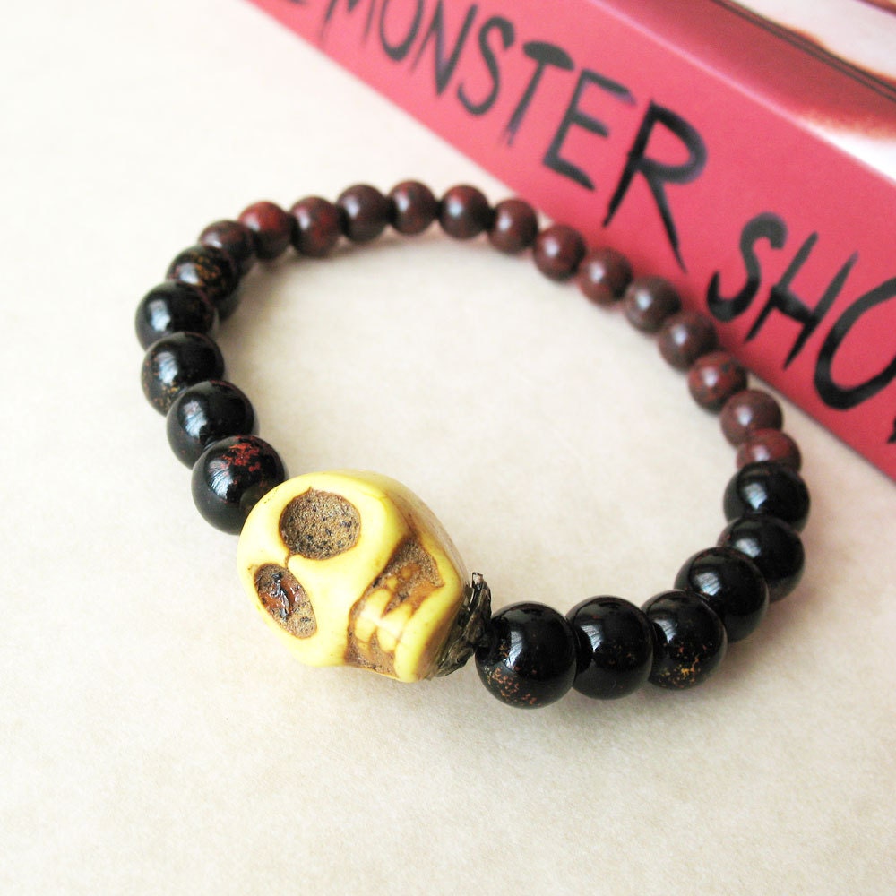 Bead Skull Stretch Bracelet Brown & Black - Halloween Skull Day Of The Dead Voodoo