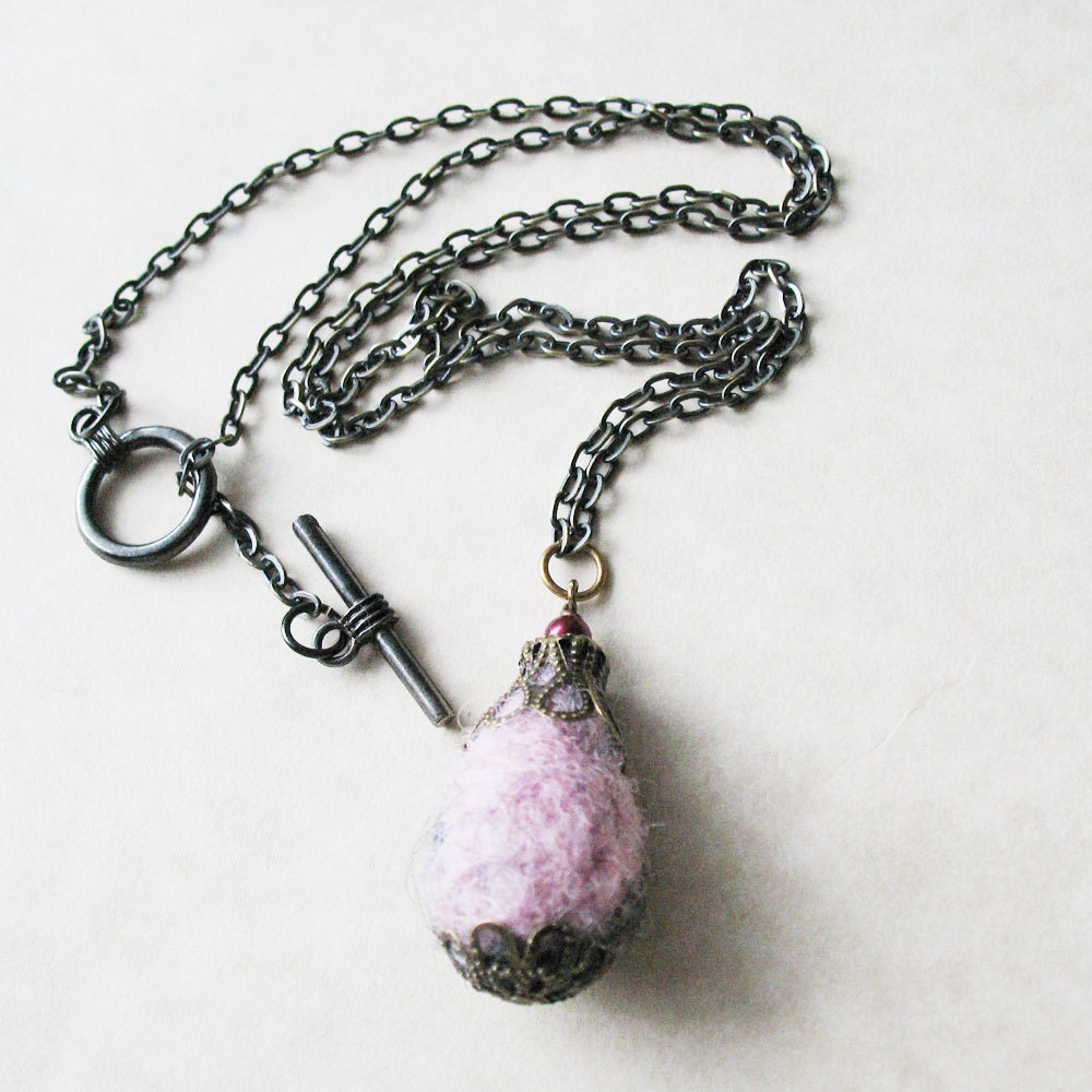 Needle Felted Tear Drop Bead Long Necklace - Pink Grey Brown