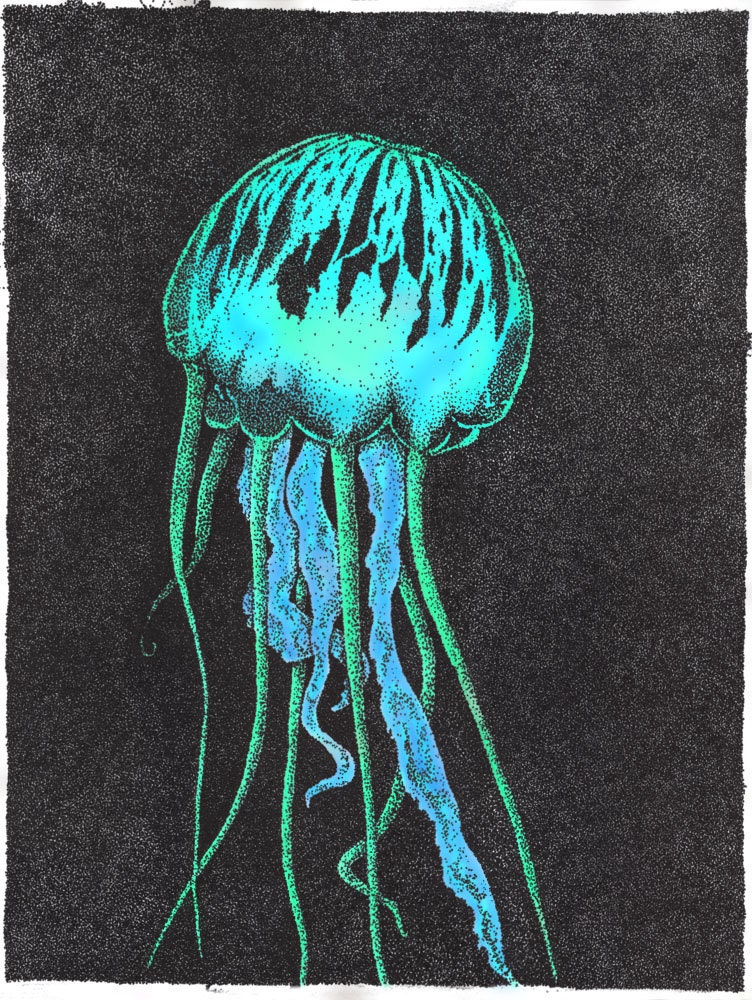 Print Jellyfish Blue 24x32 -Giclee Pointillism -