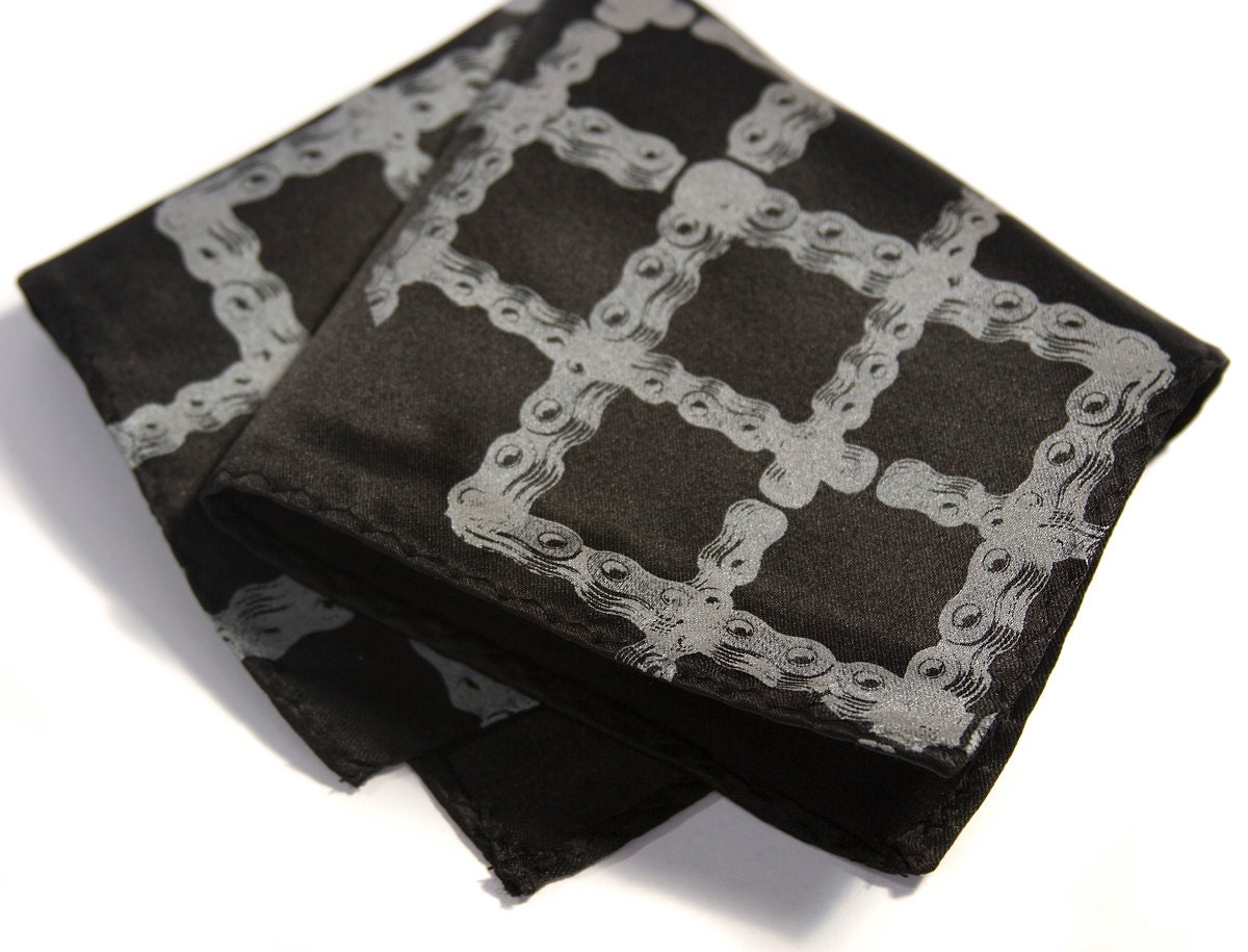 Bike Chain Tartan pocket square. Screenprinted handkerchief. Microfiber hanky. Choose fabric color & print color.