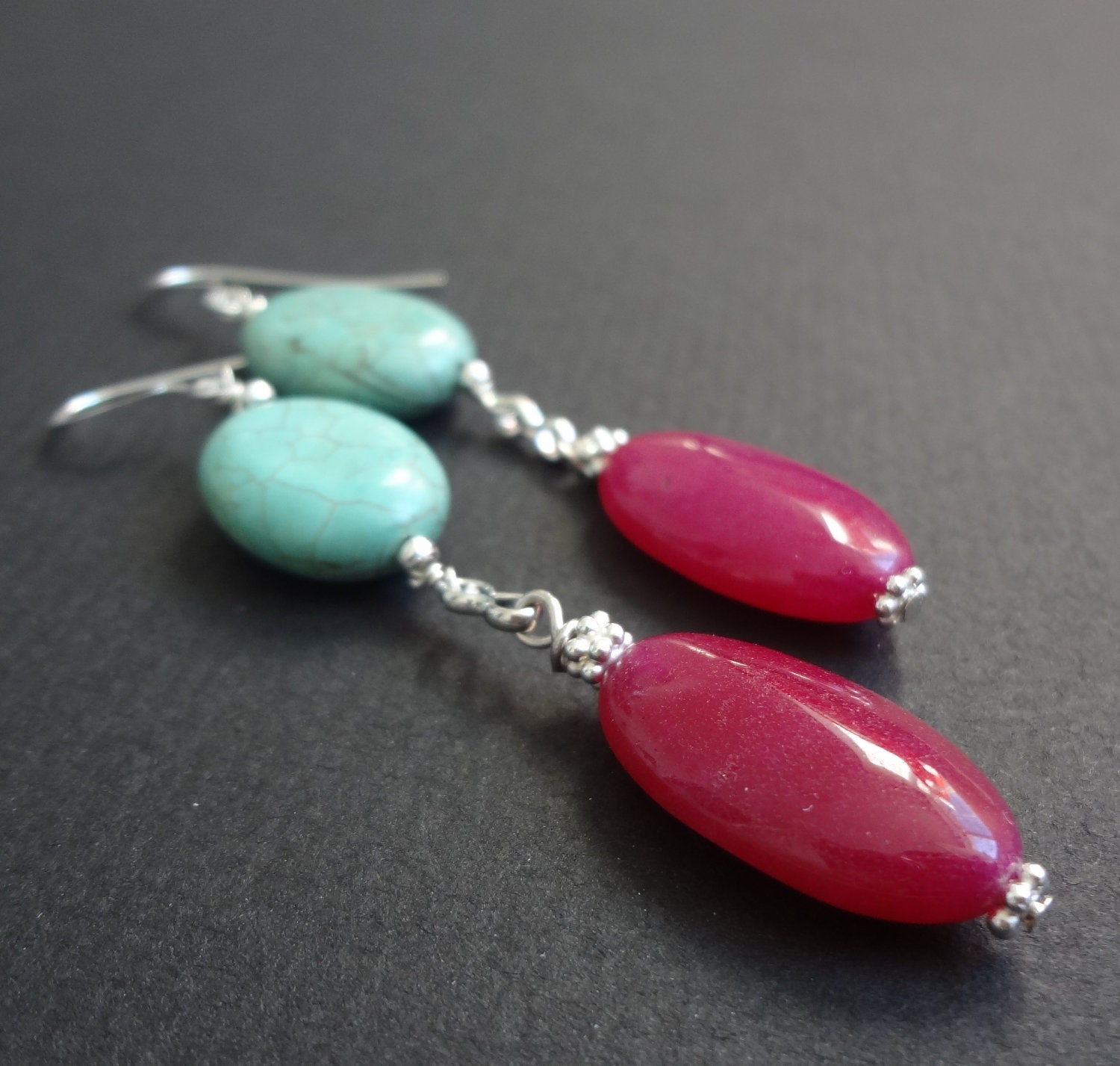 IN THE FUNK raspberry jade and turquoise gemstone earrings.  Hot pink and turquoise stone drop earrings.  Funky jewelry.  Sterling silver.