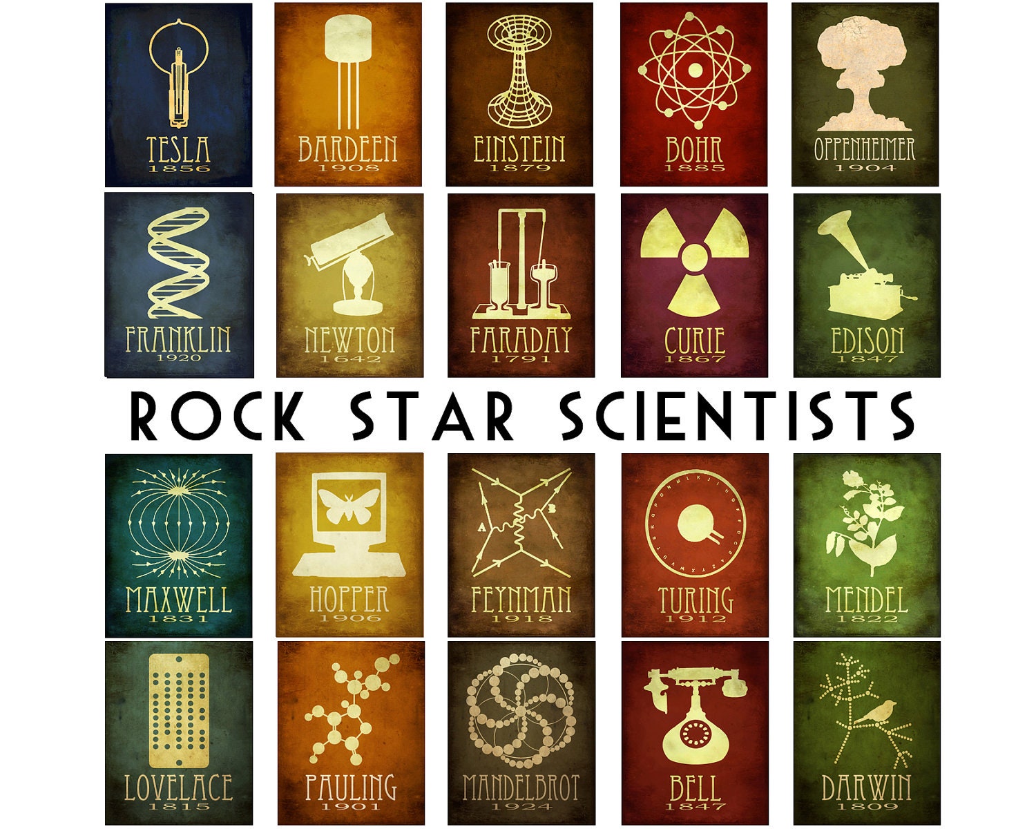 20 5x7 Steampunk Science Art Prints Rock Star Scientist Physics Diagram Educational Posters Edison Einstein Watson Tesla Light Bulb