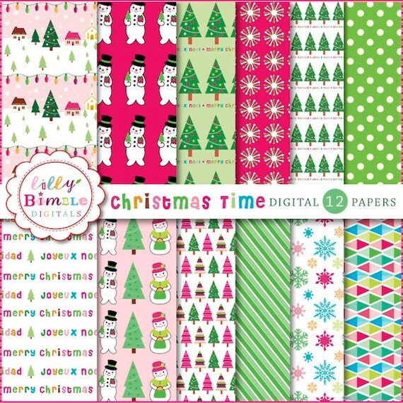 Christmas Time Digital Paper Snowmen, Snowflakes, trees Il_570xn