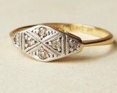 1940's Art Deco Geometric Diamond 18k Gold and Platinum Engagement Ring, Approx Size US 6