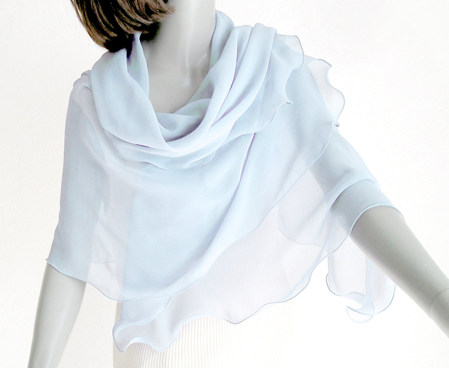 Pale Powder Blue Shawl Wrap Scarf Silk Chiffon, Unique Small Stole, 20" x 74".