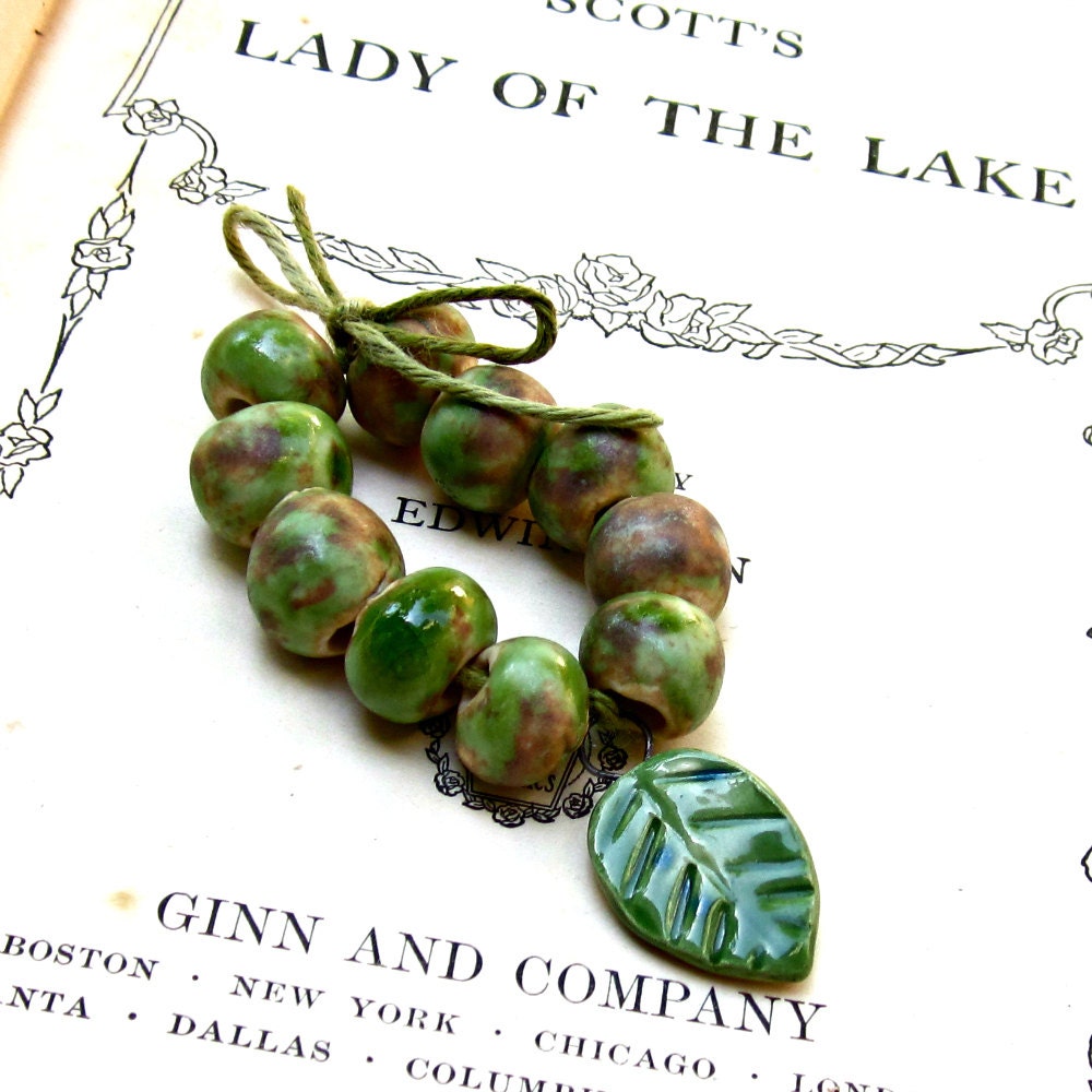Avocado Green Ceramic Beads and Ceramic Leaf  Charm  Handmade Small Beads Green  Handmade Porcelain Fall Colors