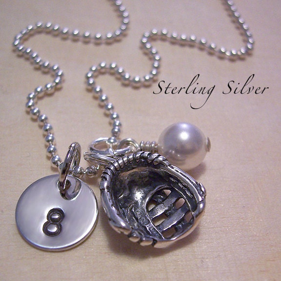Baseball Glove Charm Necklace - Softball Glove Charm Necklace - Personalized With Custom Initial And Birthstone