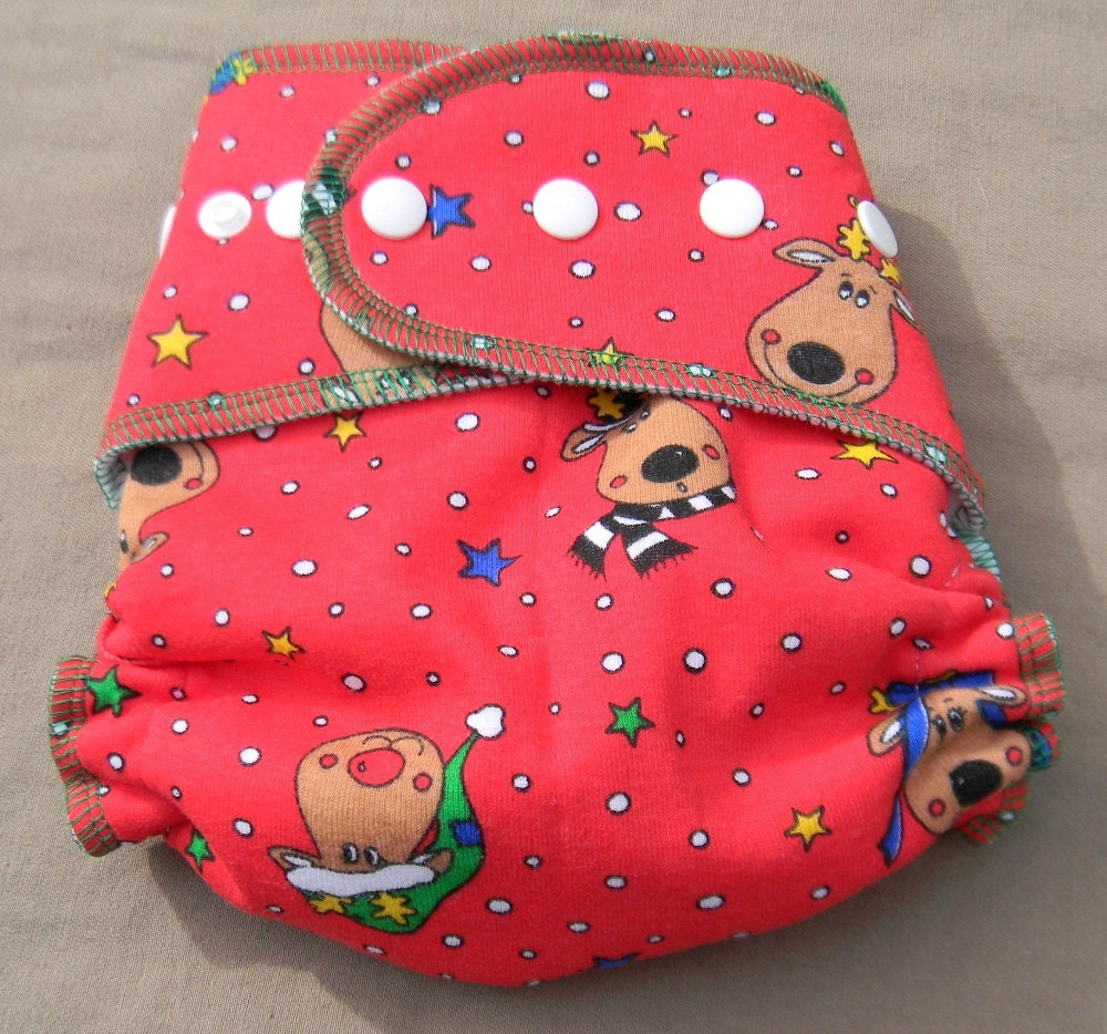 Made to Order Nifty Nappy One Size Fitted OR AI2 Cloth Diaper in Red Reindeer Rudolph Christmas