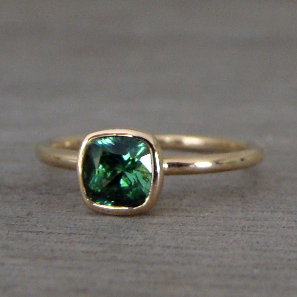 Square Cushion Green Afghan Tourmaline and Recycled 14k Gold Ring, Diamond Alternative Wedding or Engagement, size 6.25