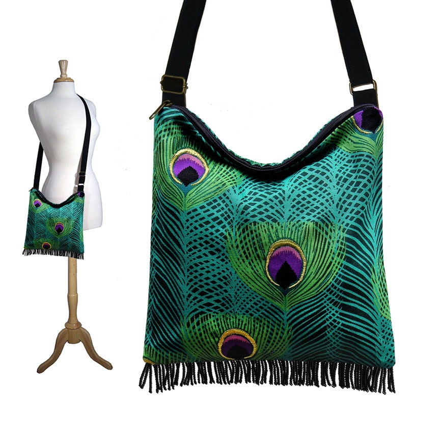 Bohemian Gypsy Fringe Bag Purse with adjustable strap Peacock Feather teal purple black