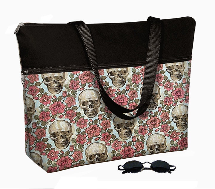 17 inch Laptop Bag with Straps / Skulls Roses / Laptop Tote Bag / 17" Laptop Case / Padded / Zippered Top  steampunk red black (RTS)