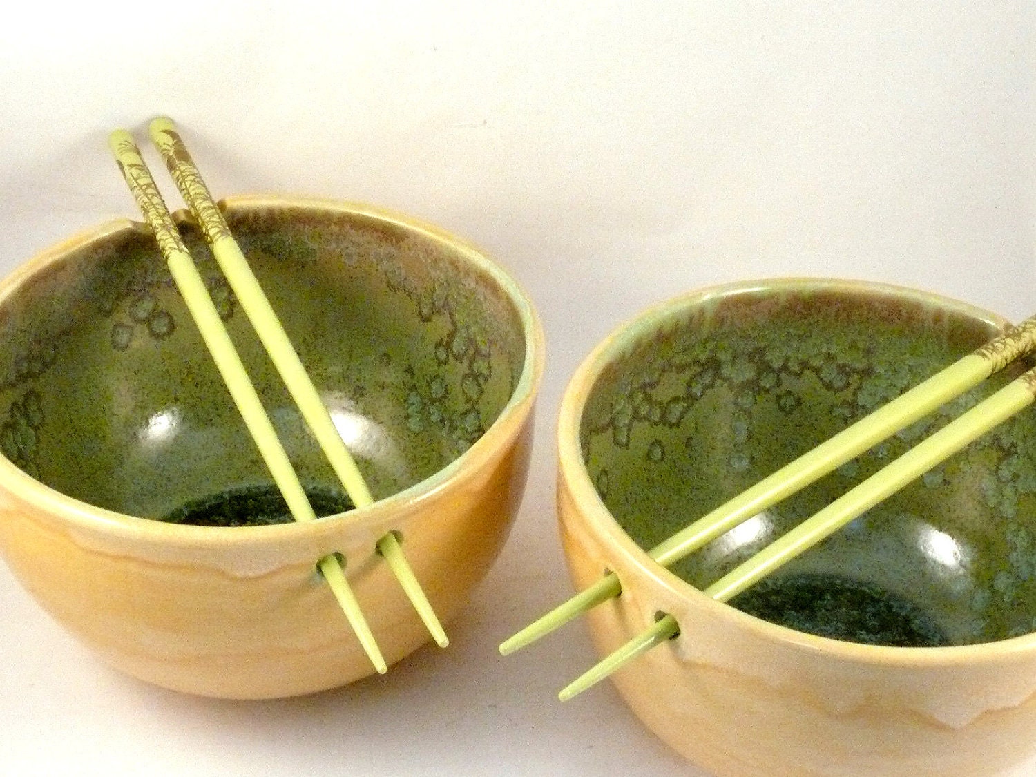 Two Rice Bowls with Chopsticks IN STOCK / Noodle Bowls lichen crystal glaze / handmade pottery - home decor wedding anniversary