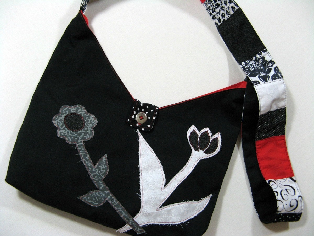 Appliqued Cross Body Bag- Black Messenger Bag