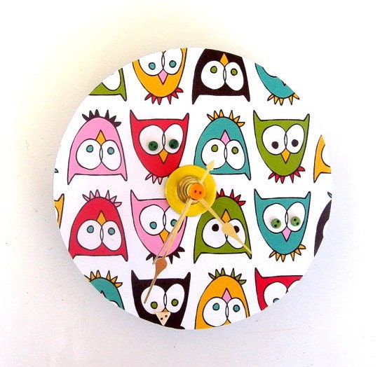 Colorful Owls Upcycled CD Clock