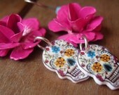 Cinco de Mayo, Mexican skull, Day of the Dead Earrings, Antique pink enamel rose Earrings, Vintage Tattoo Flash design, Mexican Jewelry