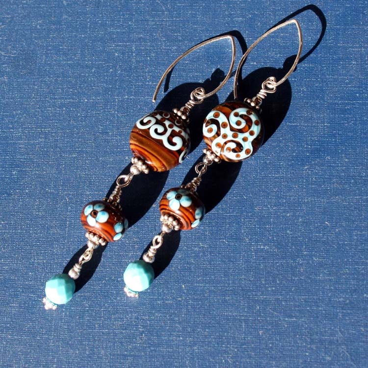 Lampwork Earrings, Lampwork and Turquoise Earrings, Turquoise Earrings, Sterling Silver Earrings, Asymmetrical Earrings