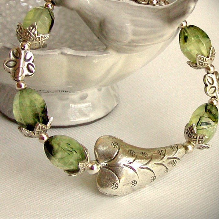 Rutilated Prehnite Bracelet - Fine Silver Leaf Focal