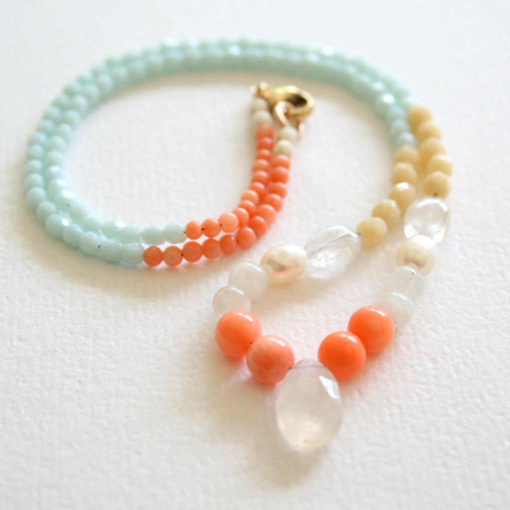 Gemstone Necklace, Coral, Moonstone, Pale aqua and cream beads