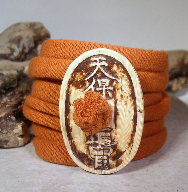 Wrap Bracelet - Asian Script Design - Button Clasp - Fabric Wrap - Easy Wear