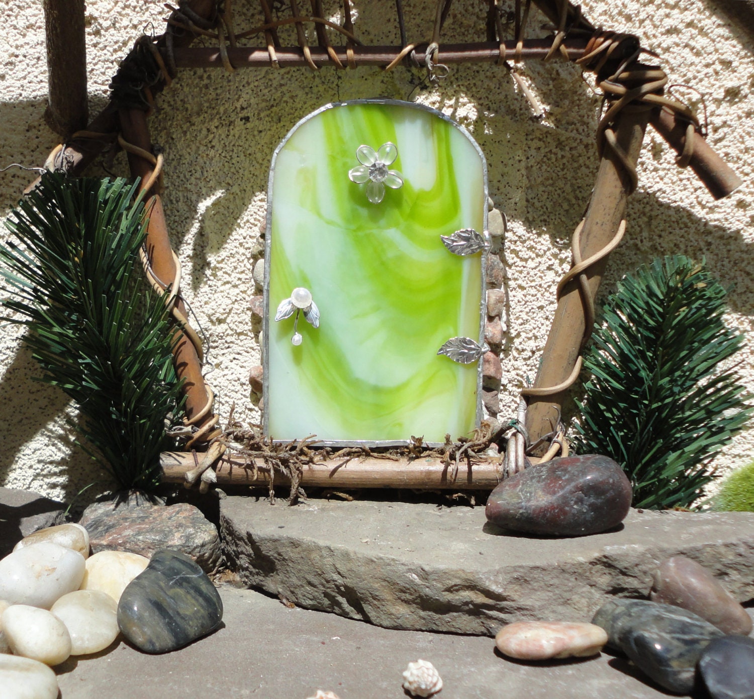 SALE, Fairy Door, Glass Sculpture, Green Stained Glass, Glass Bead Flower
