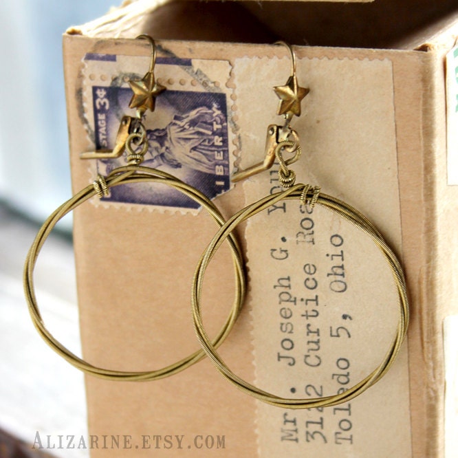Strung-Out guitar string brass hoop earrings