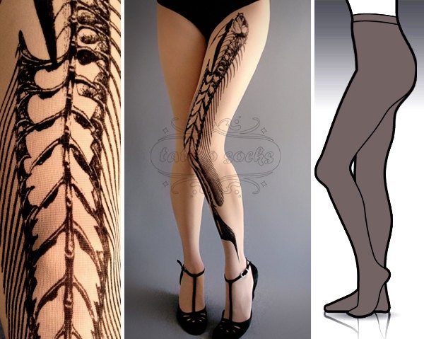 L/XL Fish Bone  tattoo tights / stockings / full length / pantyhose / nylons Grey
