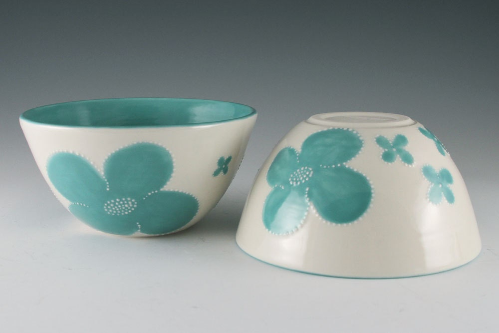 SALE Latte Bowl in Turquoise - Flower Design