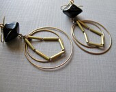 Geometric Hoop Earrings. Vintage Brass Hoop Charm with Tube Chain and Black Geometric Bead, Handmade Jewelry by Glamourpuss