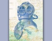 Nautical print Diver Helmet Print, 11x14 Print,  Vintage image scuba diving helmet  over old Mexico Golf Map,  Map art Nautical art,