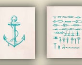 Nautical teal Prints, Set of 2 green turquoise 8x10 prints, Marine Knots, Anchor,Coastal living, Seaside living, beach cottage decor