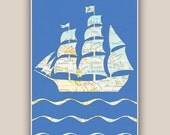 Nautical Print Australia map art Pirat sailboat  LARGE SIZE 11''x14''Print,  Seaside Prints, Marine Wall Decor,  beach cottage decor
