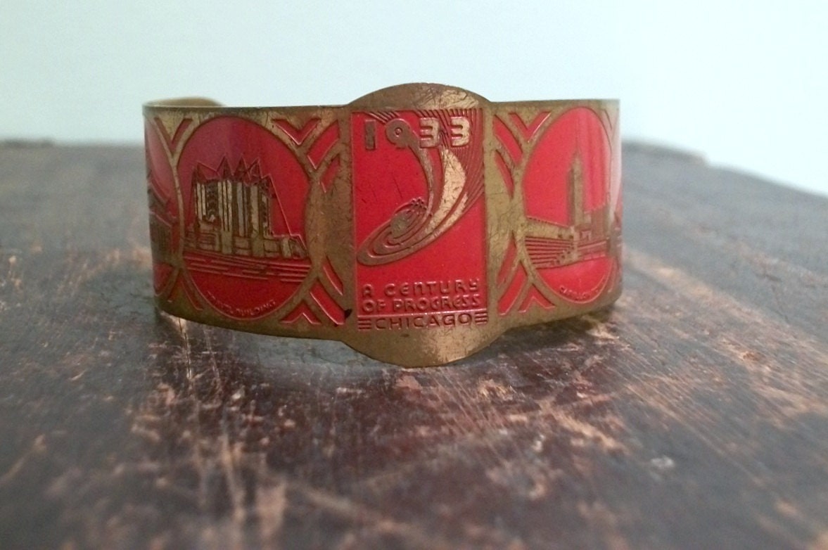 Red Enameled 1933 World's Fair Art Deco Cuff Bracelet