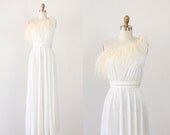 White Wedding Dress 1970s One Shoulder Feather Neckline