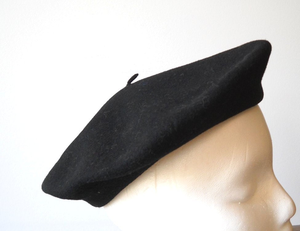 Vintage Black Wool Beret - St. George England - Featured Item