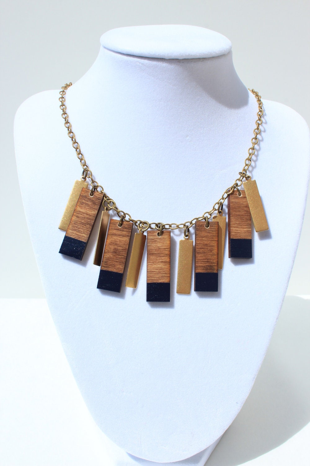 Navy Fringe Necklace with Brass Tabs