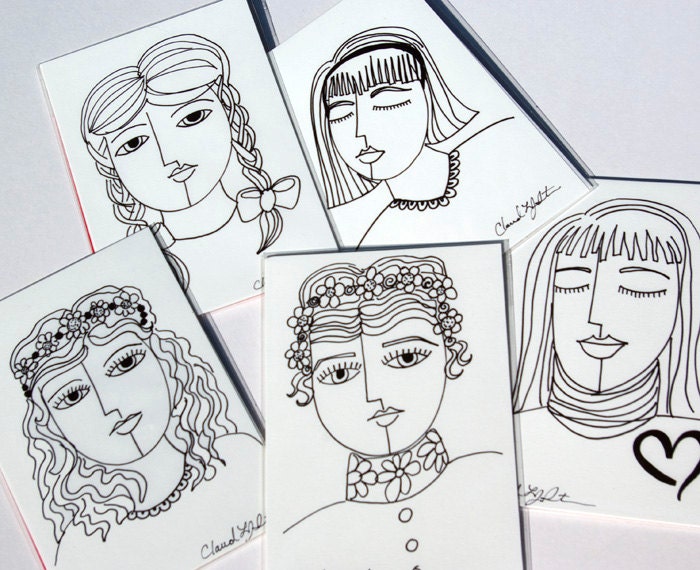 Inner Peace DRAWING - Peaceful Woman ART PRINT, Woman Drawing, Yoga Art, Line Drawing Print - 5 x 7 Giclee by Claudine Intner