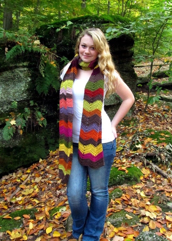 Multicolor Chevron Scarf Extra Long Warm Brown with Stripes