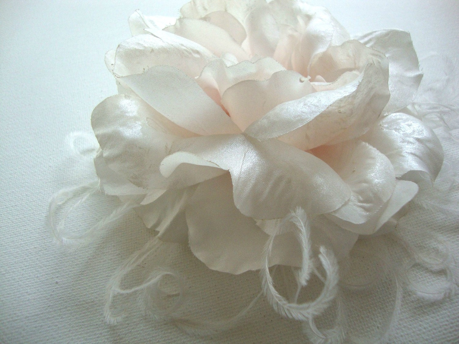 White Rose Flower Hair Clip with Ostrich Feathers - OOAK Wedding Bridal Fascinator