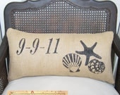 Beach Memories Burlap Pillow - Personalize with a Special Date, Name or Place -  Nautical Seashell and Starfish Design  Burlap Pillow Lumbar